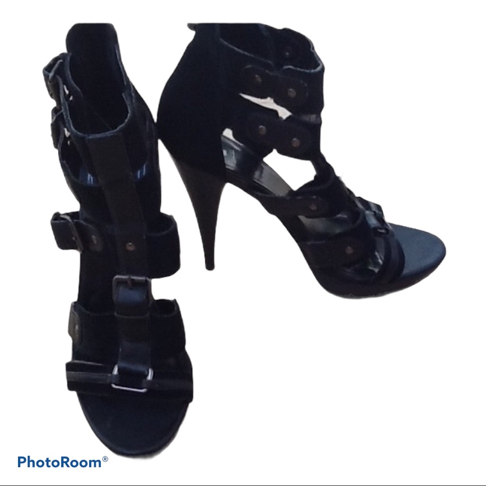 Bakers‎ Black Suede Silver Buckle Studded Heels